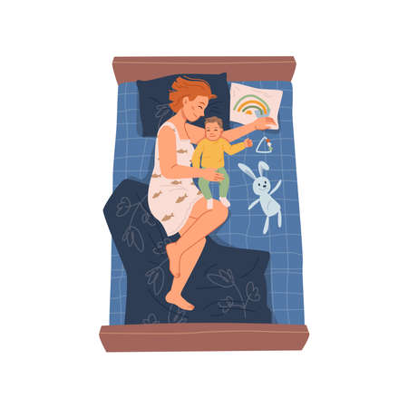 Young woman sleeping in bed with her baby son, rest at night or daytime at home, bedtime and relaxation, flat cartoon characters. Vector cosy bedding, tired mother fall asleep with toddlerのイラスト素材