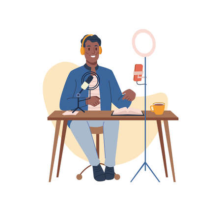 Podcast creation, blogger making audio or video, streaming online. Vector man recording content for network followers and subscribers. Male character sit at table with computer, cartoon influencerのイラスト素材