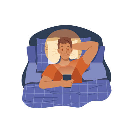 Man having problems falling asleep, sleepless guy with smartphone in hands and red eyes. Dark night and light from screen of device. Insomnia and solution. Cartoon character in flat style vectorのイラスト素材