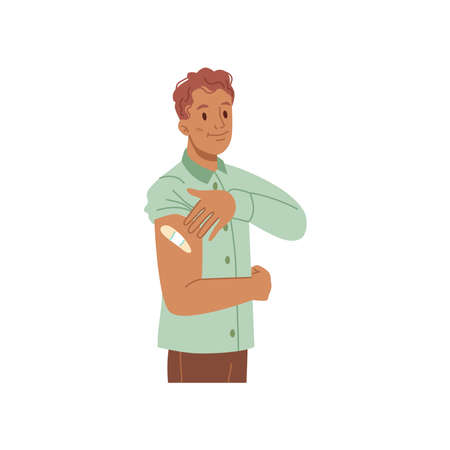 Vector vaccinated cartoon guy encouraged to vaccinate , health careのイラスト素材