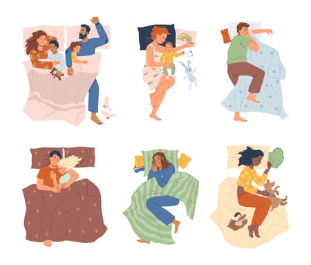 Couple and kids sleeping peacefully in bed, mother and child, girl with cat dog pet, flat cartoon set. Vector man and woman sleep on pillows lying under blanket in pajamas asleep at night, bedtimeのイラスト素材
