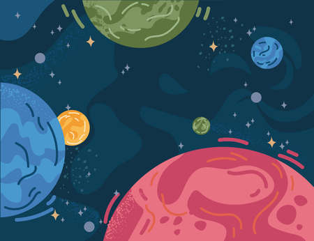 Futuristic solar system planets flat cartoon background. Vector outer space giant globes. Cosmos exploration object, celestial body cosmic sphere Jupiter Mars, Venus, Mercury. Interstellar alien worldのイラスト素材