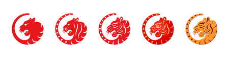 CNY tigers flat papercut animals isolated zodiac and astrology theme symbols. Vector eastern chinese, japanese and korean new year signs, spring festival oriental holidays mascot, head and long tailのイラスト素材