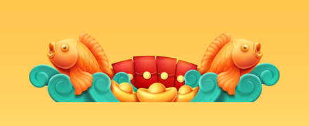 CNY carp or koi fish on waves with gold bars and wealth, red hongbao envelopes and 3d effect. Isolated chinese traditional art, aquatic animal and symbol of fortune and luck. Vector illustrationのイラスト素材