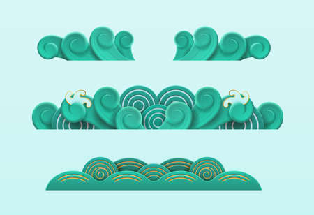 CNY sea or ocean waves 3D effect isolated set. Chinese traditional artwork, decorative ornament for greeting card or invitation. Happy new year symbols, wind blowing sign. Vector in flat styleのイラスト素材