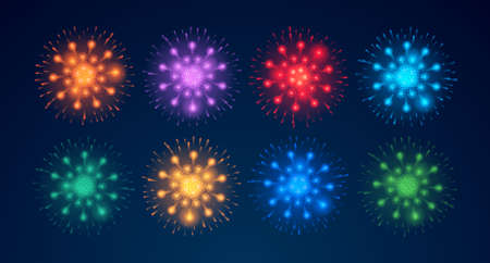 Holiday celebration and greetings, fireworks bursting and exploding set. Festivity and glowing pyrotechnics, shimmer and glowing, sparkling and shining effects in evening. Vector illustrationのイラスト素材