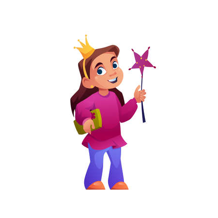 Girl princess playing with magic star shaped wand isolated cartoon character. Vector cute little lady with fairy stick, adorable child in crown with spells book or box with magician objectsのイラスト素材