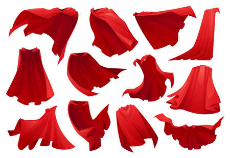 Superhero red cape isolated scarlet fabric silk cloak in different position, front back side view. Vector set of mantle costume, magic cartoon cover. Flowing and flying carnival vampire satin clothesのイラスト素材