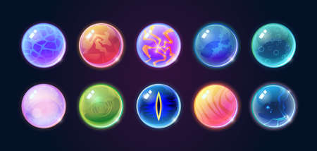 Cartoon fortunetellers, glass balls magic crystals isolated paranormal magical objects set. Vector multicolor glass spheres, fragile balloons of sorcerers fortune-tellers, esoteric mystery souvenirsのイラスト素材