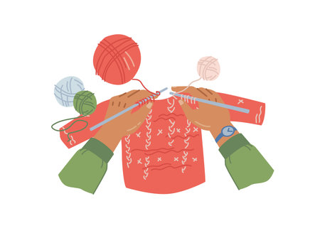 Handmade crafts, knitting hobby development of skills or learning. Soft sweater with woolen threads, accurate work for winter season and cold weather. Clothing and accessories, vector in flat styleのイラスト素材