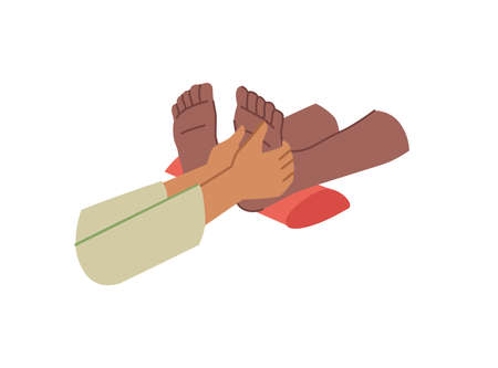 Professional foot massage isolated masseur hands massaging afro american man woman legs. Vector flat cartoon authentic luxury spa treatment. Feet massaging in beauty salon, relaxing and health careのイラスト素材