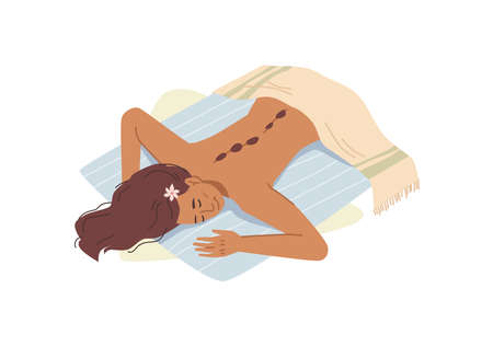 Hot stone massage in spa salon, pebbles young woman back, flat cartoon illustration. Vector meditation and health care, lady lying on towel with warm pebbles. Anti stress relaxation, leisureのイラスト素材
