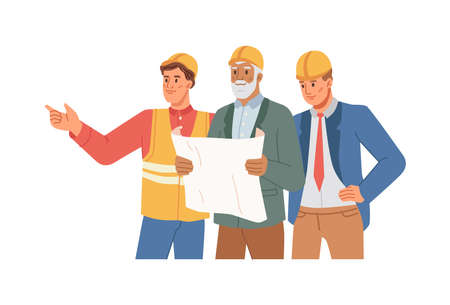 Team of architects working on plan, contractor or foreman presenting completed construction site. Skillful engineers wearing helmets looking at sketches and monitoring process. Vector in flatのイラスト素材