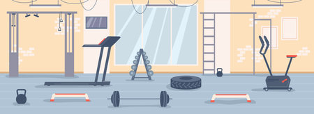 Interior of empty gym, room with mirror and equipment for workout and exercises. Treadmill and bike for cardio, barbell and dumbbells, wooden ladders for training and bodybuilding. Vector in flatのイラスト素材