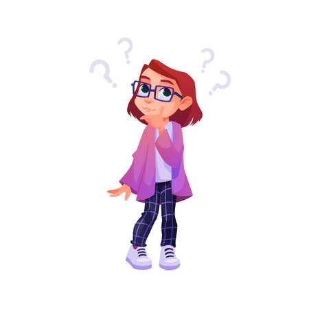 Little girl having many questions funny cartoon child with question marks above head. Vector small genius woman wondering and looking for answers, puzzled kid in glasses holding her chin and thinkのイラスト素材