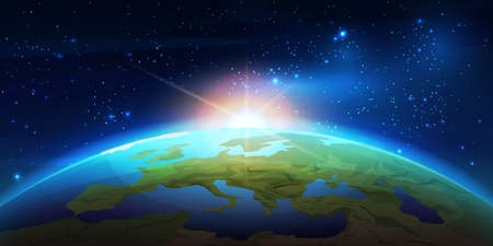 Planet Earth with sunrise in space. Vector illustration of sun rising over globe landscape. Save world background, starry galaxy in stratosphere, sunlight and sunset panorama, outerspace travelのイラスト素材