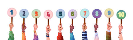 Male and female multi ethnic hands holding round cards or signs with numbers from 1 to 10. Vector votes of judges flat cartoon style. Amount of scores got in competition, tournament or contestのイラスト素材