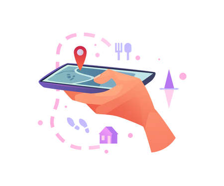 Mobile gps navigation, travel destination, location and positioning concept, smartphone in human hands isolated flat cartoon illustration. Vector map application and marker pin pointer on phone screenのイラスト素材