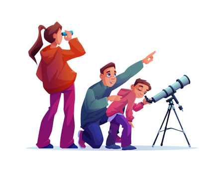 Family looking through telescope isolated flat cartoon characters. Vector astronomy education, cosmos exploration and discovery. Mother, father and son watching stars and planets togetherの素材 [FY310179347044]