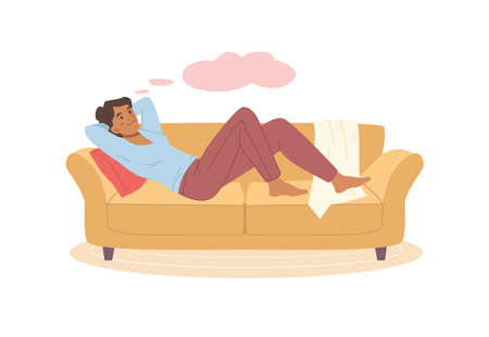 Cartoon woman lying on sofa or couch and relaxing, relaxed lady with thoughtful face expression, tired resting girl. Vector napping young lady dreaming searching decision on problemのイラスト素材