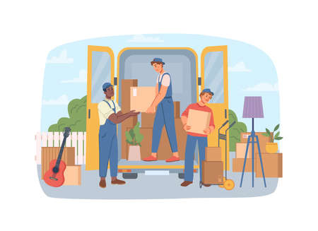Relocation, movers load boxes into truck, deliveryman loading cardboard packages in van isolated flat cartoon characters. Vector delivery courier man in front of cargo van delivering packagesのイラスト素材