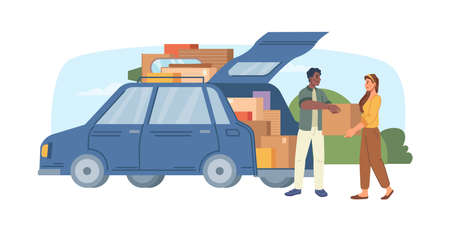 Relocating and moving to new apartment or office, people loading boxes to minivan car flat cartoon...