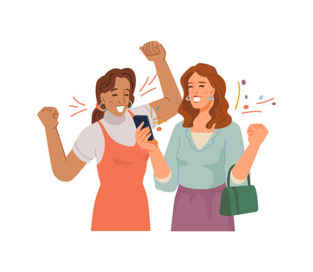 Female friends celebrate good news received on smartphones, cheering people with smiles on face. Vector victory and award, online lottery or giveaway. Happy moment in life. Flat cartoon characterのイラスト素材