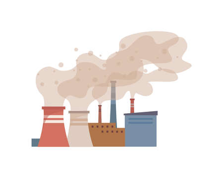 Contamination of air with smoke by factories, plants and industries. Vector pipes making smog, environmental pollution and harm for nature. Atmosphere gas emissions, chemical substances flat cartoonのイラスト素材