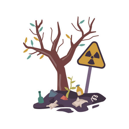 Environmental and natural pollution. Vector trees cannot grow fully because of debris and rubbish. Toxic contamination, and litter problem on landfill dumpster. Plastic bottles and bags flat cartoonのイラスト素材