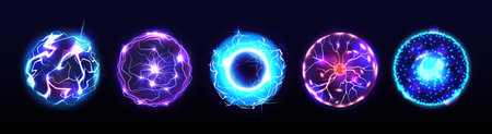 Electric energy spheres with lightning, electricity powerful natural elements. Vector plasma effect, glowing and shining sparks. Scientific experiment or search, molecule or cartoon atomic structureのイラスト素材