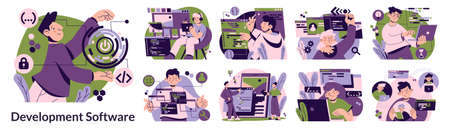 Programmers coding and working on computer software development and security improvement. Vector...