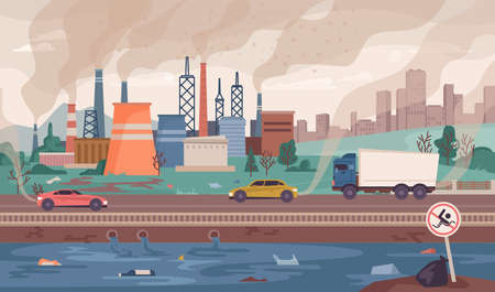 Dirty and polluted city, unhealthy and harmful environment. Vector scene of downtown in smog with factories and smoke from pipes. Water waste and sign no swimming. Global warming flat cartoonのイラスト素材