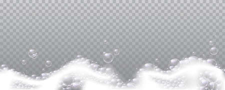 Foamy and soapy water with bubbles, cosmetic products or detergents, laundry or washing gel. Vector...