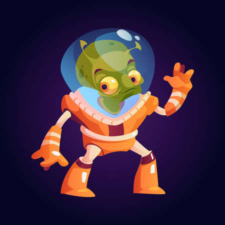 Outer space and distant galaxies dweller and creature, alien wearing suit with helmet protecting from pressure. Vector cartoon character personage from other universe, martian in mission waving handのイラスト素材