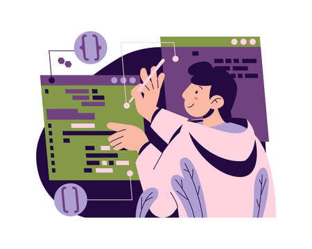 Programming and software development, creating scripts and writing in coding language. Vector adding usability for pages and websites, male character by computer at work. Display with report, cartoonのイラスト素材