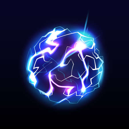 Plasma ball, sphere with electricity glowing and sparks, bright neon globe or burst. Vector shining circular object in space, futuristic element of universe galaxy scene. Cartoon realistic lightningのイラスト素材