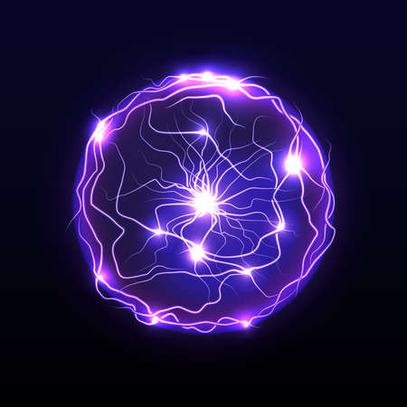 Neon sphere or energy ball with electric lines connected in core. Vector bright futuristic celestial body in motion, purple glowing round object. Cartoon cyber circular element with ultravioletのイラスト素材