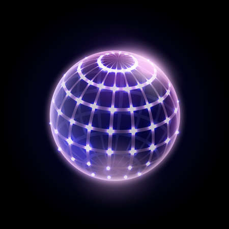 Shield or grid with protective lines and dots isolated protected energy rounded bubble object. Vector futuristic design and technologies, fiction and cyberspace. Defense structure with glowing effectのイラスト素材