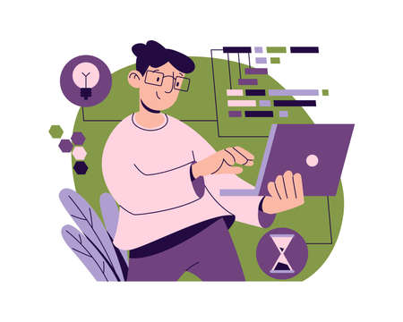 Programmer with new innovative idea for improvement of software. Vector development of websites and...