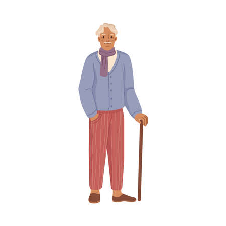 Stylish elder male personage with walking stick wearing modern clothes. Vector pensioner with scarf and comfortable pants isolated fashionable grandfather hipster senior man. Flat cartoon characterのイラスト素材
