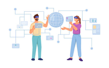People interacting with interface of application, metaverse futuristic universe. Vector man and woman wearing headsets with VR glasses, simulators for games and networks. Flat cartoon style characterのイラスト素材