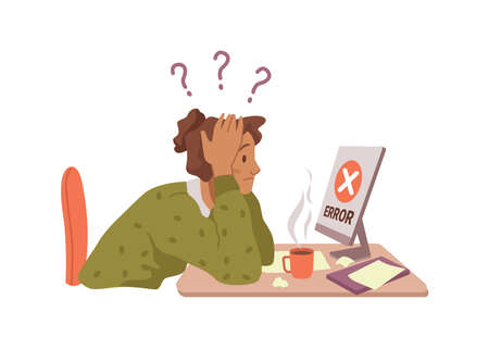 Woman in despair stressed by malfunctioning of personal computer at work. Vector worker worried...