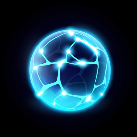 Neon illuminated energy sphere with glass effect. Vector cartoon crashed plasma futuristic design of outer space planet. Bright unusual globe, transparent circle connected lines, digital illustrationのイラスト素材