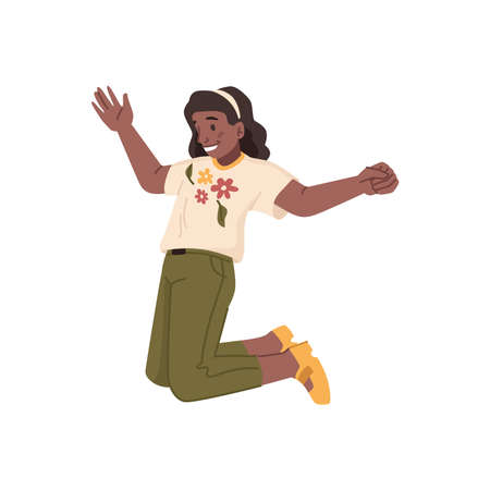 Female personage with smile on face, isolated girl jumping high. Vector girl with joyful expression, happy afro american female pupil having fun. Playing game, active motions. Flat cartoon characterのイラスト素材