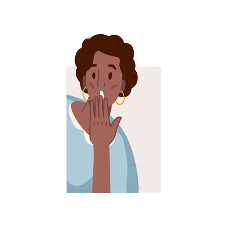Curious female personage with open mouth, shocked woman looking in distance. Vector isolated girl portrait, wow gesture facial expression of surprise and discovery. Flat cartoon style characterのイラスト素材