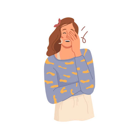 Female personage laughing and smiling isolated girl covering face with hand. Vector friend with curly hairstyle. Positive girl with nice facial expression, fashionable lady. Flat cartoon characterのイラスト素材