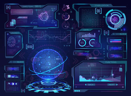 Monitors and screens hud interface with information, statistics and collected useful data. Vector...