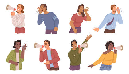 Man and woman with loudspeaker shouting and screaming. Vector flat cartoon characters attracting attention, marketing and announcement of news, search and promotion proposals from employeesのイラスト素材