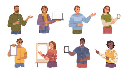 Workers and employees show presentations on whiteboards, laptop or tablet, smartphones. Vector flat...