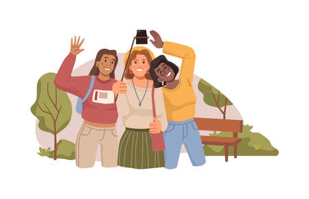 Teenage girls taking selfie on smartphone, smiling and posing for photos. Vector flat cartoon characters capturing moments of life, shooting video for memories and nostalgia in futureのイラスト素材